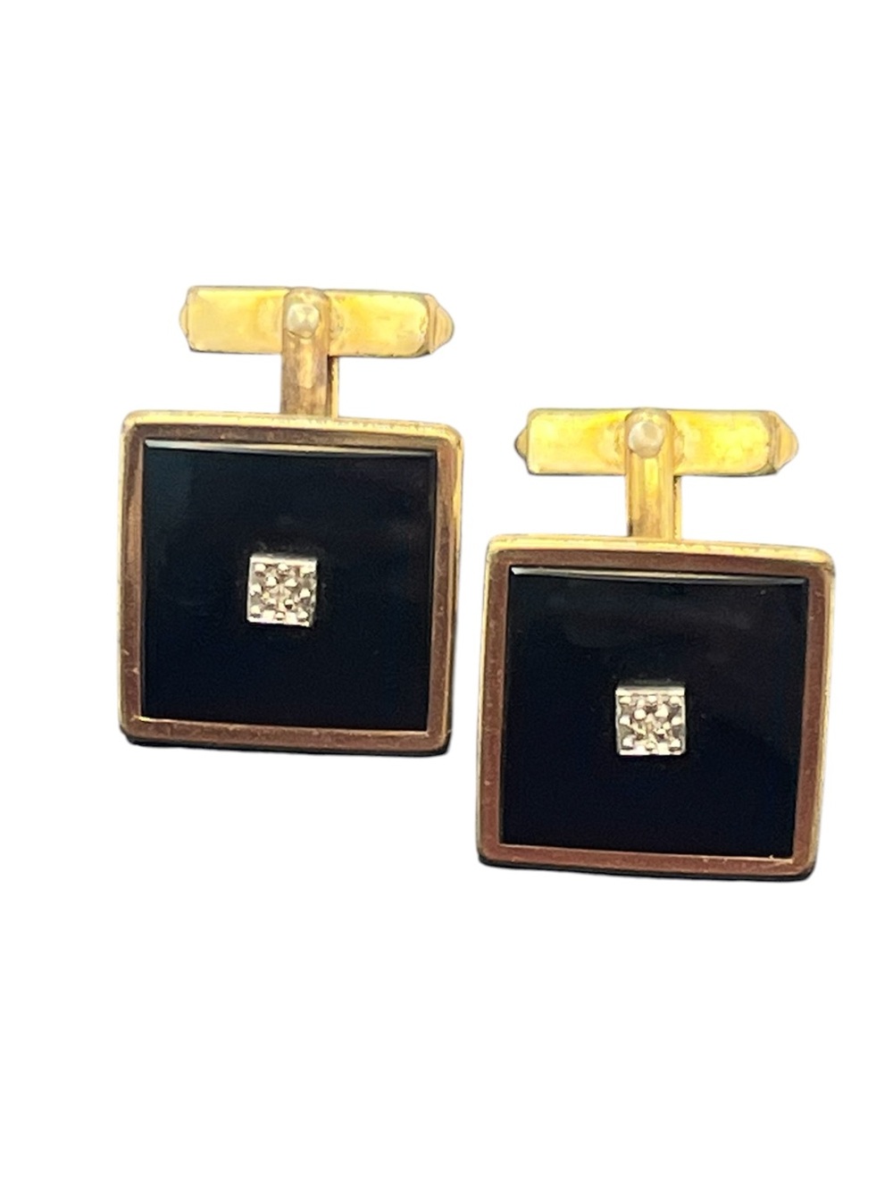 Swank 12k gold filled diamond chip black stone square cufflinks vintage